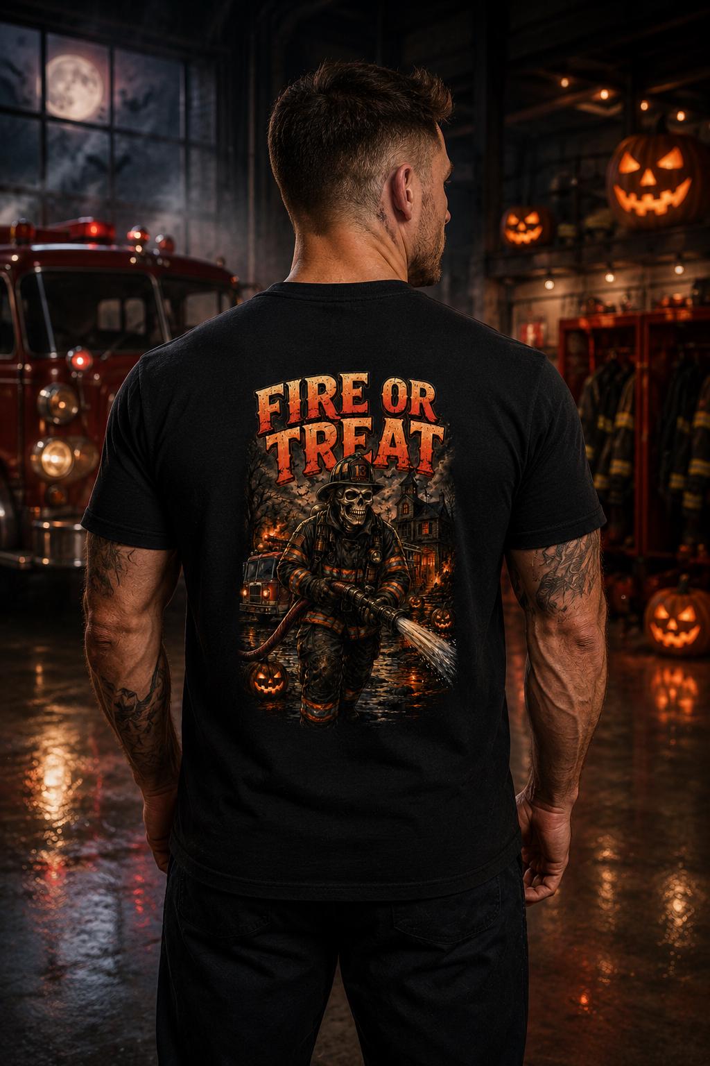 Fire or Treat Firefighter Halloween Shirt, Skeleton Fireman T-Shirt, Spooky Firehouse