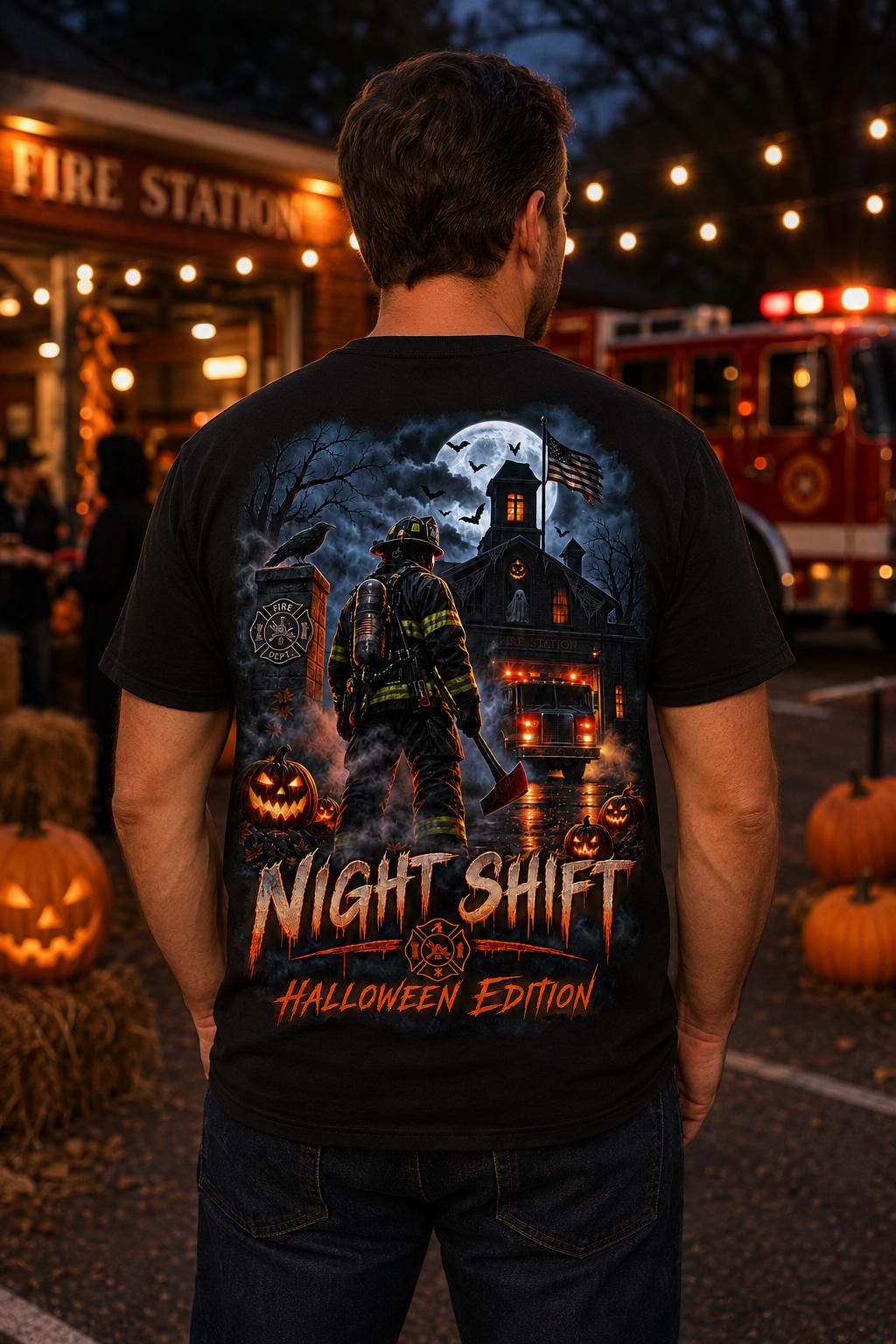 Firefighter Night Shift Halloween Shirt – Spooky Firehouse T-Shirt, Fire Department Halloween Edition