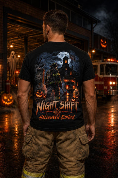 Firefighter Night Shift Halloween Shirt – Spooky Firehouse T-Shirt, Fire Department Halloween Edition