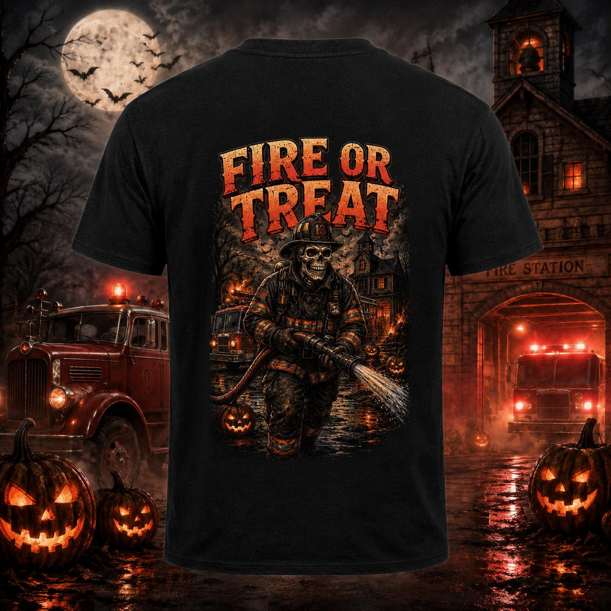 Fire or Treat Firefighter Halloween Shirt, Skeleton Fireman T-Shirt, Spooky Firehouse