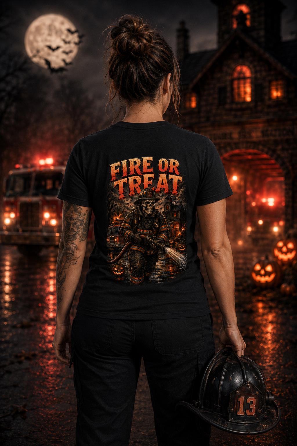 Fire or Treat Firefighter Halloween Shirt, Skeleton Fireman T-Shirt, Spooky Firehouse