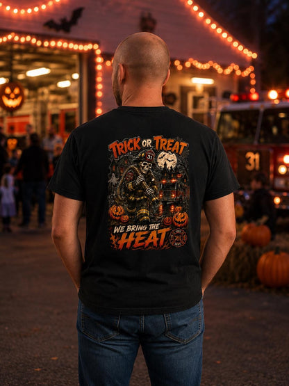Trick or Treat We Bring the Heat Firefighter Halloween Shirt, Skeleton Fireman T-Shirt, Haunted Firehouse