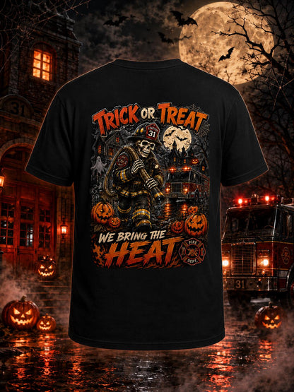 Trick or Treat We Bring the Heat Firefighter Halloween Shirt, Skeleton Fireman T-Shirt, Haunted Firehouse