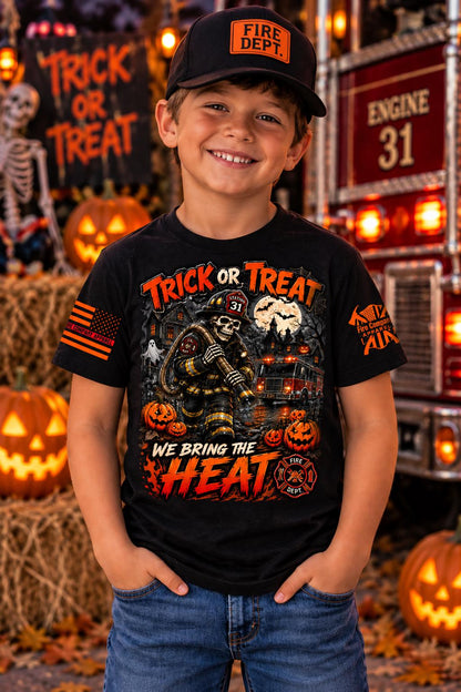 Trick or Treat We Bring the Heat Firefighter Halloween Shirt, Fire Department Skeleton Tee