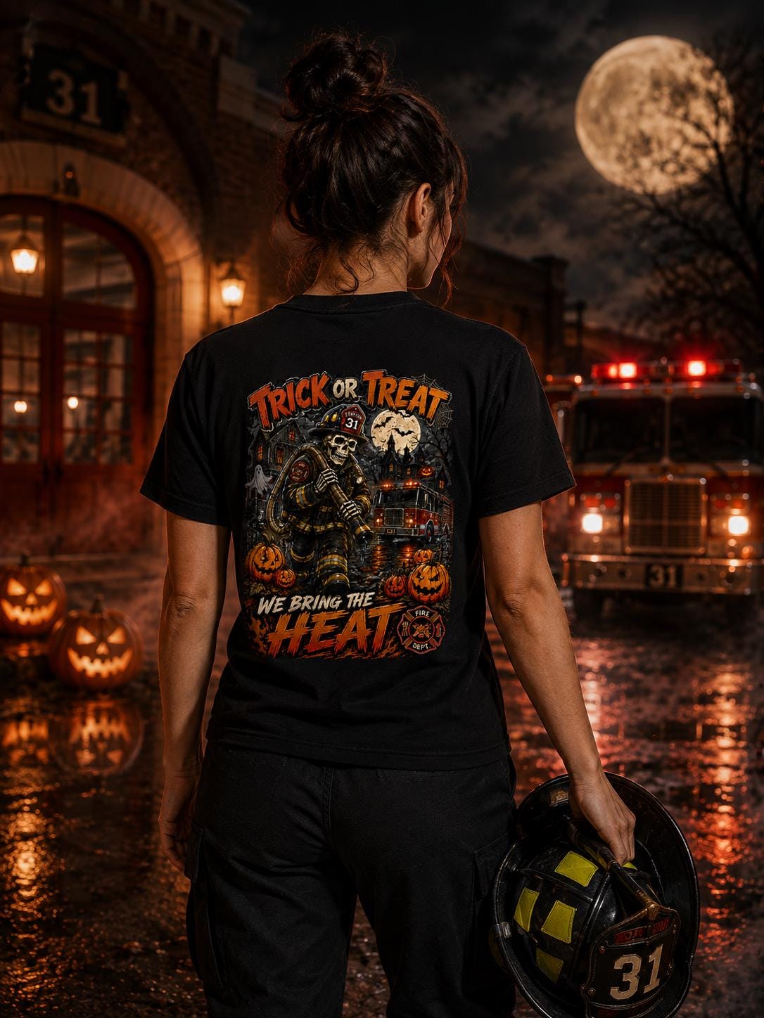 Trick or Treat We Bring the Heat Firefighter Halloween Shirt, Skeleton Fireman T-Shirt, Haunted Firehouse