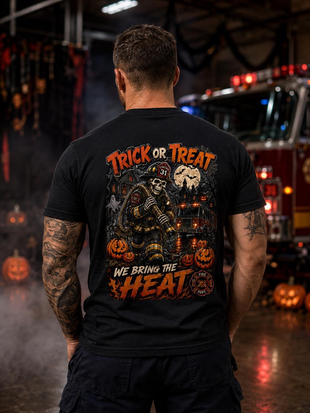 Trick or Treat We Bring the Heat Firefighter Halloween Shirt, Skeleton Fireman T-Shirt, Haunted Firehouse