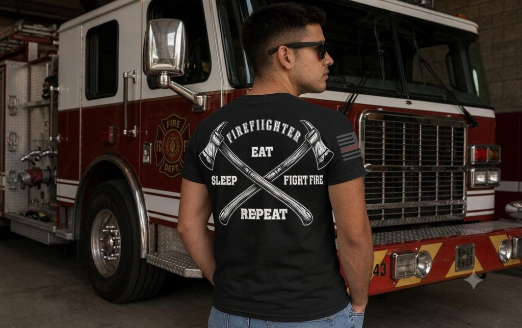 Eat Sleep Fight Fire Repeat T-Shirt | Firefighter Shirt | Fire Company Apparel | First Responder Tee