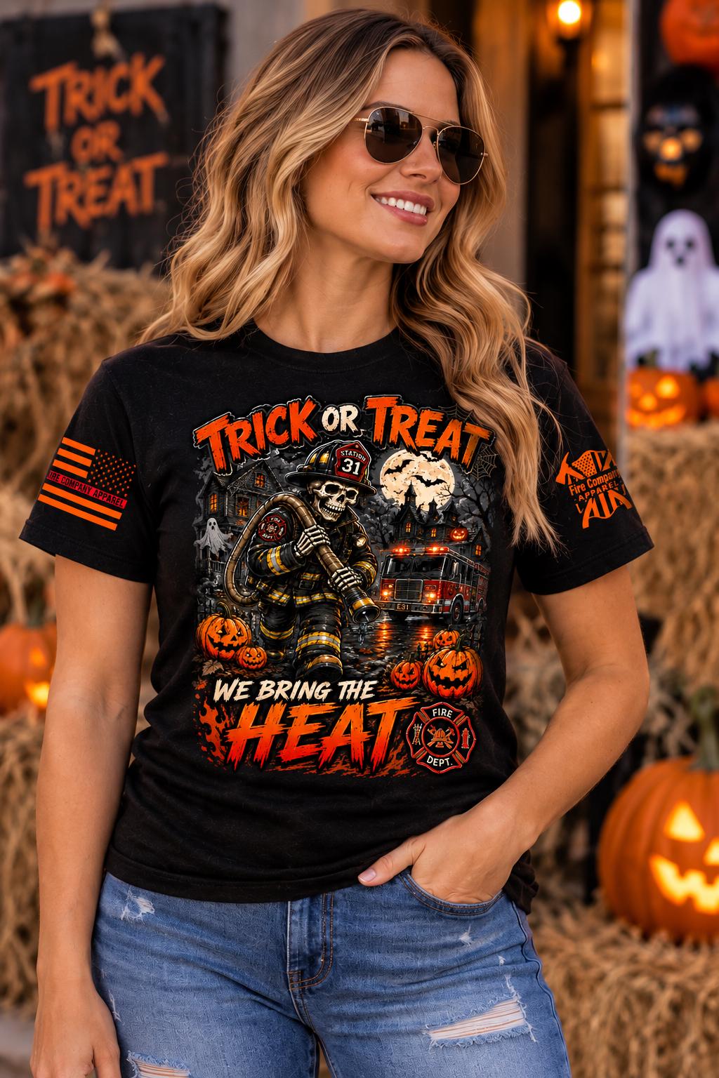 Trick or Treat We Bring the Heat Firefighter Halloween Shirt, Fire Department Skeleton Tee
