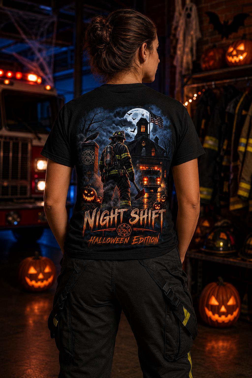 Firefighter Night Shift Halloween Shirt – Spooky Firehouse T-Shirt, Fire Department Halloween Edition