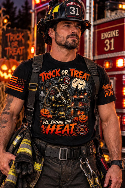 Trick or Treat We Bring the Heat Firefighter Halloween Shirt, Fire Department Skeleton Tee