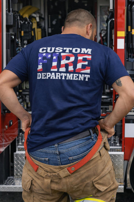 Firefighter Duty T-Shirt – “FIRE” American Flag Design