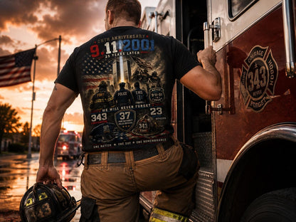 9/11 25th Anniversary Memorial Firefighter Shirt | Never Forget 9-11-2001 Tribute Tee | FDNY Police EMS Patriotic T-Shirt