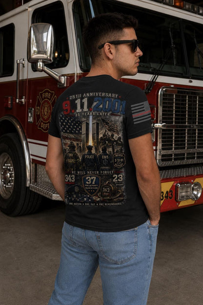 9/11 25th Anniversary Memorial Firefighter Shirt | Never Forget 9-11-2001 Tribute Tee | FDNY Police EMS Patriotic T-Shirt