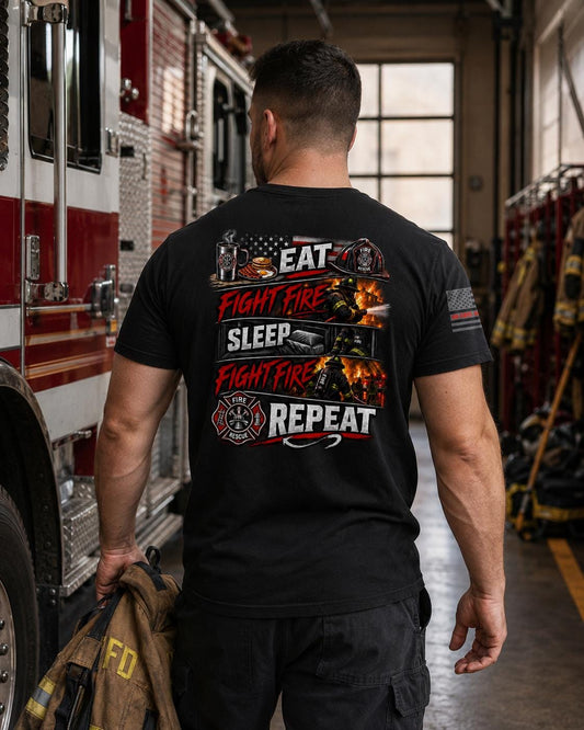 Eat Sleep Fight Fire Repeat T-Shirt | Firefighter Shirt | Fire Company Apparel | First Responder Tee