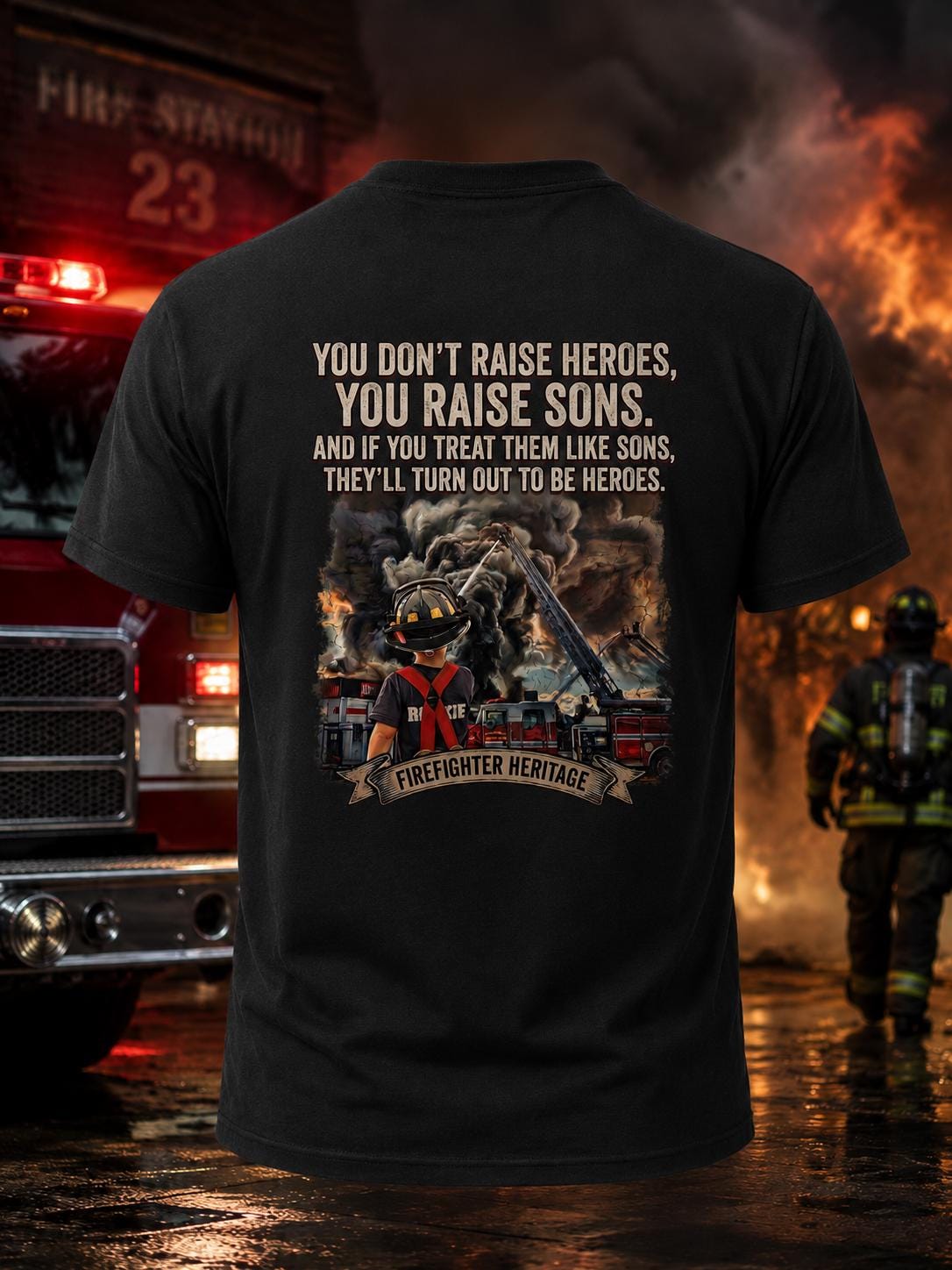 Raise Sons Who Become Heroes Shirt | Firefighter Dad T-Shirt | Firefighter Family Gift