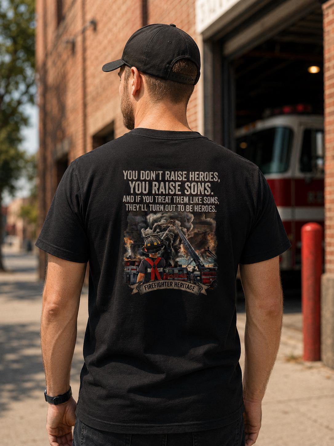 Raise Sons Who Become Heroes Shirt | Firefighter Dad T-Shirt | Firefighter Family Gift